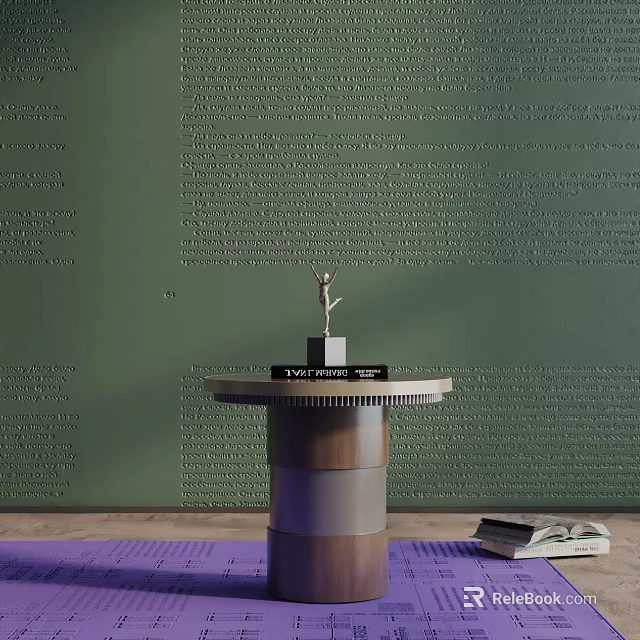 Stylish Cylindrical Side Table With Trophy Books On Green Wall Purple Rug 3d model 