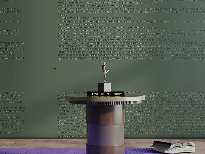 Stylish Cylindrical Side Table With Trophy Books On Green Wall Purple Rug 3d model
