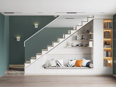 Modern Staircase Design with Green Wall and Seating Area Featuring Pillows and Bookshelves 3d model