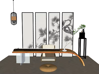 Chinese Style Tea Table and Chairs with Pine Branch Screen and Hanging Lamp 3d model