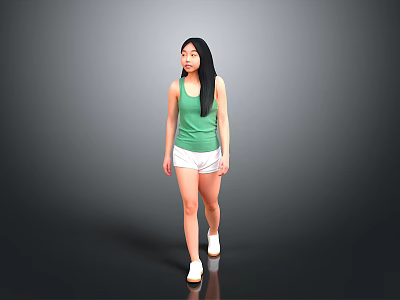 Woman In Green Tank Top And White Shorts Walking On Gray Background With White Shoes 3d model