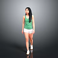 Woman In Green Tank Top And White Shorts Walking On Gray Background With White Shoes