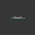 3D Architectural Building Model With Red Roof Blue Walls And Courtyard Green Plants