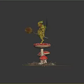Green Winged Creature Holding Glowing Orb On Red Spotted Mushroom With Small Mossy Mushrooms