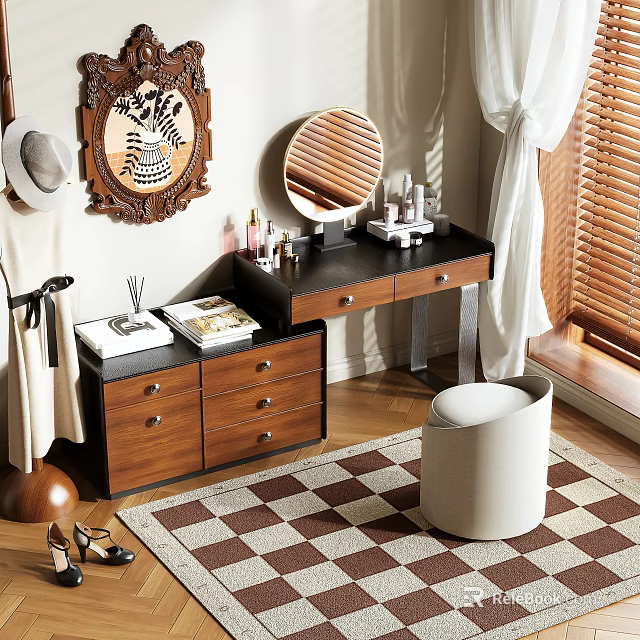 Wooden Dressing Table With Black Countertop Storage Drawers Round Mirror White Stool And Checkered Rug 3d model 