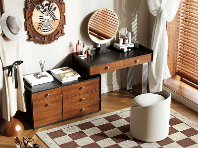 Wooden Dressing Table With Black Countertop Storage Drawers Round Mirror White Stool And Checkered Rug 3d model