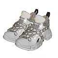 White Chunky Sole Mesh Sneakers With Gold Gemstone Accents And Logo Design