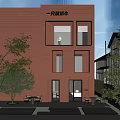 Red Brick Yogurt Shop Storefront Featuring Glass Doors Windows Outdoor Tables Chairs And Trees