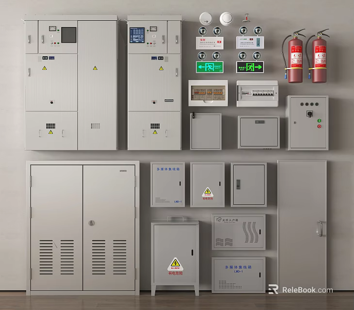 Comprehensive Fire Fighting Equipment Collection With Control Cabinets Fire Extinguishers And Safety Signs 3d model 