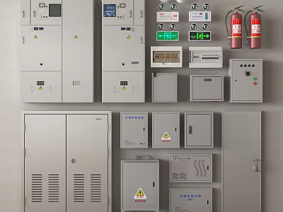 Comprehensive Fire Fighting Equipment Collection With Control Cabinets Fire Extinguishers And Safety Signs 3d model