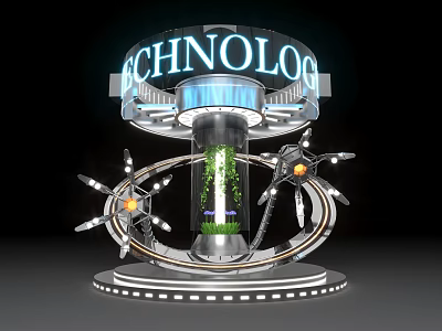 Futuristic Technology Display Platform With Glowing Sign Plant And Mechanical Arms 3d model