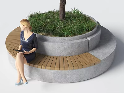 Circular Garden Seating Feature With Central Tree Grass And Wooden Bench Area 3d model