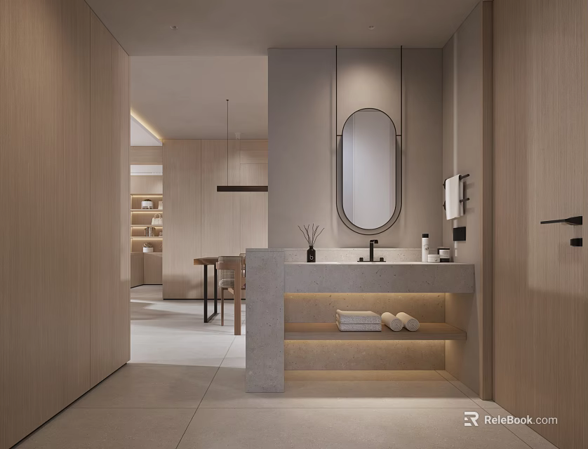 Modern Bathroom Interior With Oval Mirror Sink And Wood Details 3d model 