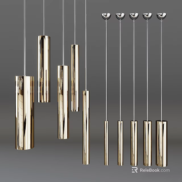 Modern Gold Cylindrical Pendant Chandeliers Hanging In Contemporary Interior Design 3d model 