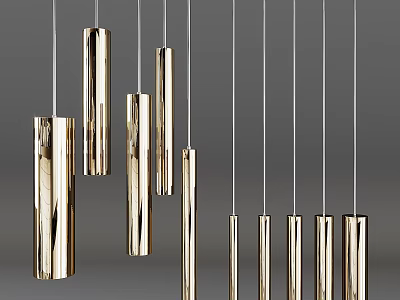 Modern Gold Cylindrical Pendant Chandeliers Hanging In Contemporary Interior Design 3d model