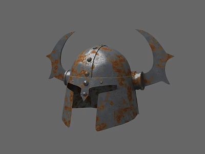 Medieval Rusty Helmet With Horns And Weathered Metal Design Details 3d model