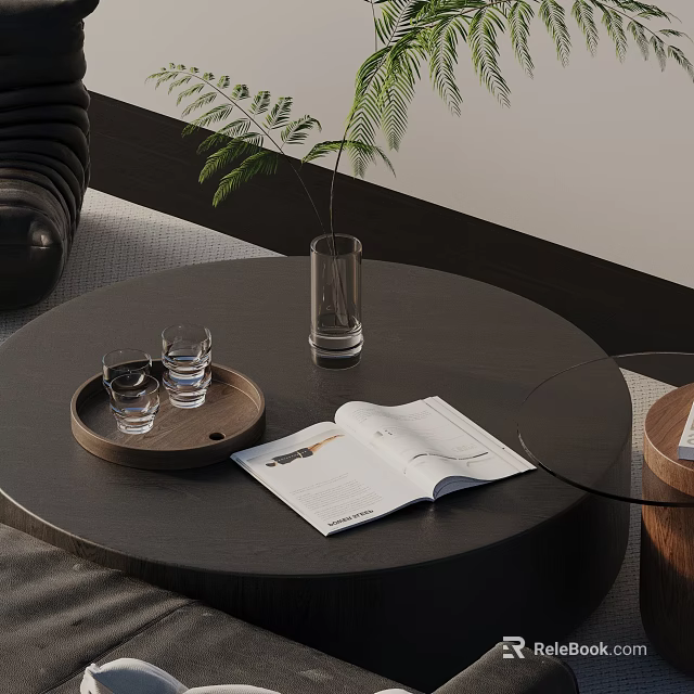 Modern Sofa Coffee Table Combination With Wooden Tray Glass Cups Vase Green Plant And Magazine 3d model 
