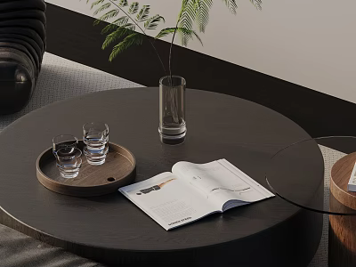 Modern Sofa Coffee Table Combination With Wooden Tray Glass Cups Vase Green Plant And Magazine 3d model