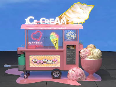Coffee Break Area With Pink Electric Ice Cream Cart Neon ICE CREAM Sign And Scoops 3d model