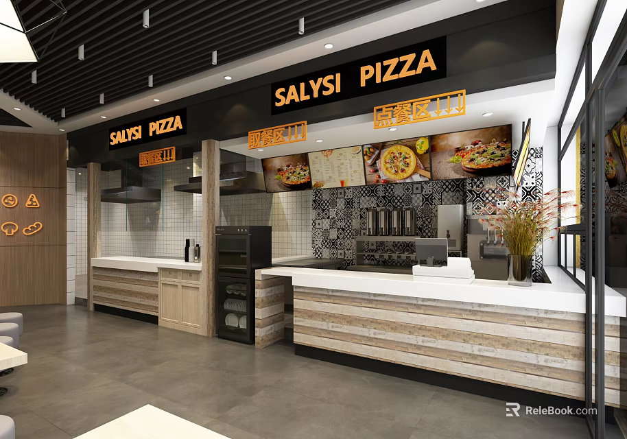 Salysi Pizza Restaurant Modern Interior With Open Kitchen Wooden Counter And Pizza Displays 3d model 