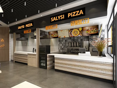 Salysi Pizza Restaurant Modern Interior With Open Kitchen Wooden Counter And Pizza Displays 3d model