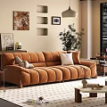 Cozy Living Room Interior With Orange Sofa Wall Shelves Pendant Lamp And Green Plant