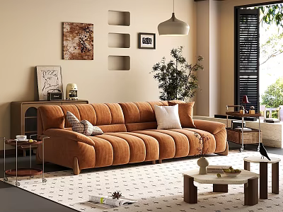 Cozy Living Room Interior With Orange Sofa Wall Shelves Pendant Lamp And Green Plant 3d model