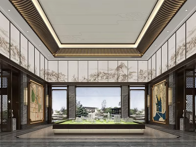 Spacious Chinese Style Sales Office Interior Featuring Floor to Ceiling Windows and Sand Table Model 3d model