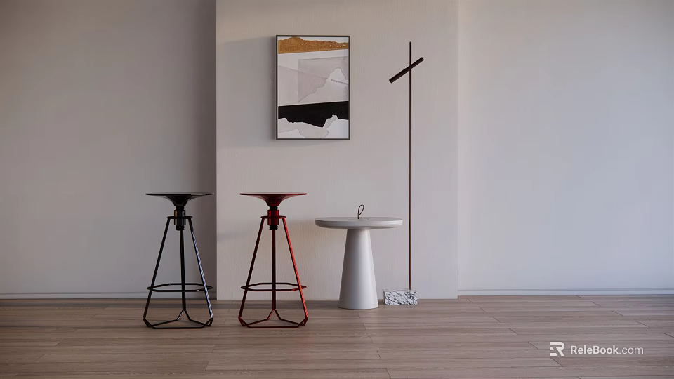 Modern Black and Red Bar Stools in Minimalist Interior with White Side Table 3d model
