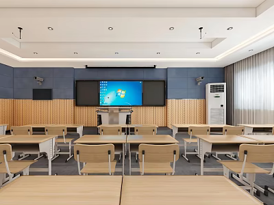Modern School Classroom Interior With Large Screen Desks Chairs And Lectern Setup 3d model