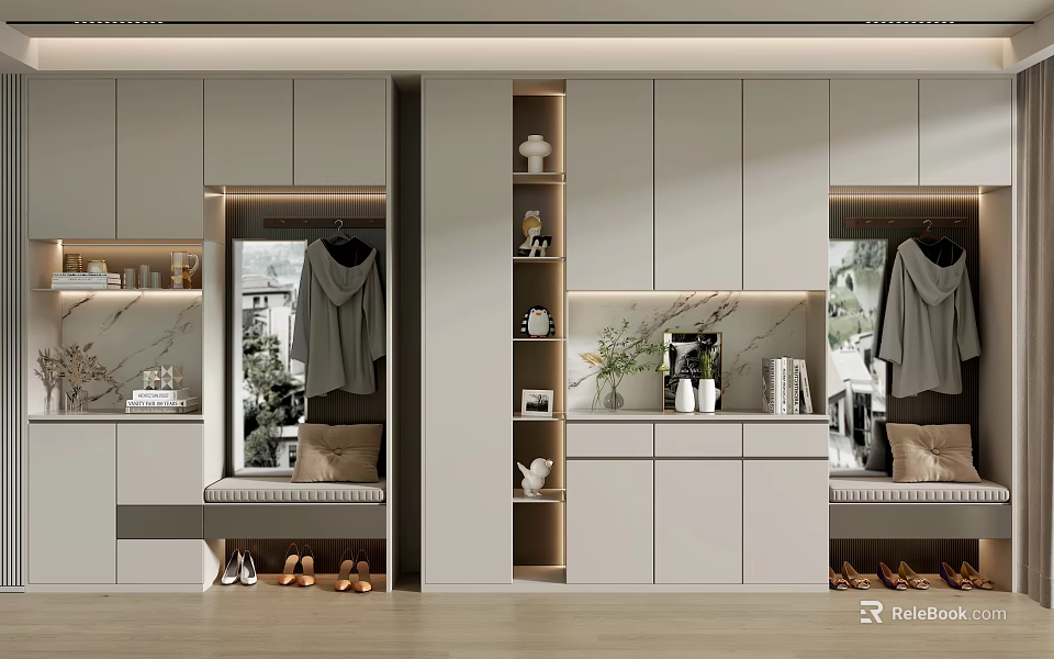 Modern White Shoe Cabinet Interior Design With Mirror Hooks Storage Shelves And Seat Bench 3d model 