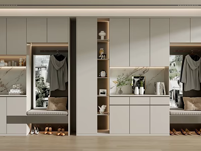 Modern White Shoe Cabinet Interior Design With Mirror Hooks Storage Shelves And Seat Bench 3d model