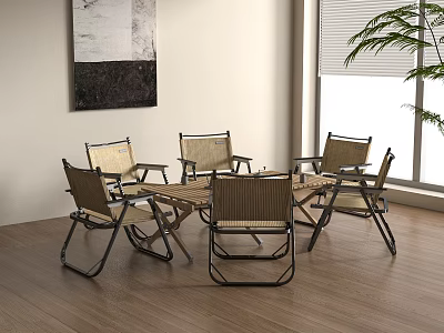 Modern Outdoor Table With Folding Rattan Chairs And Wooden Top Near Window Plant 3d model