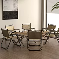 Modern Outdoor Table With Folding Rattan Chairs And Wooden Top Near Window Plant
