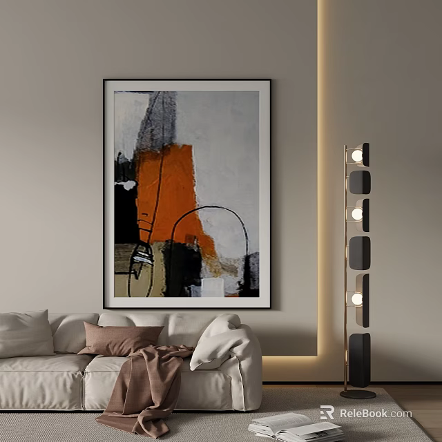 Modern Landscape Painting Hanging on Wall in Living Room With White Sofa And Floor Lamp 3d model 