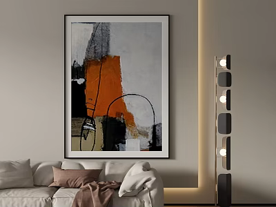 Modern Landscape Painting Hanging on Wall in Living Room With White Sofa And Floor Lamp 3d model