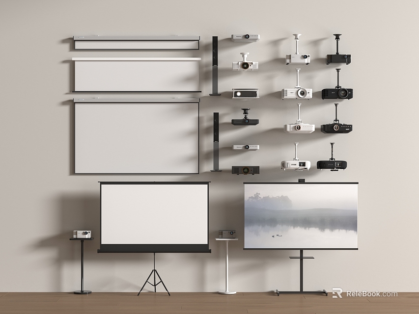 Wall Mounted and Stand Projection Monitoring Equipment Display with Screens and Projectors 3d model 