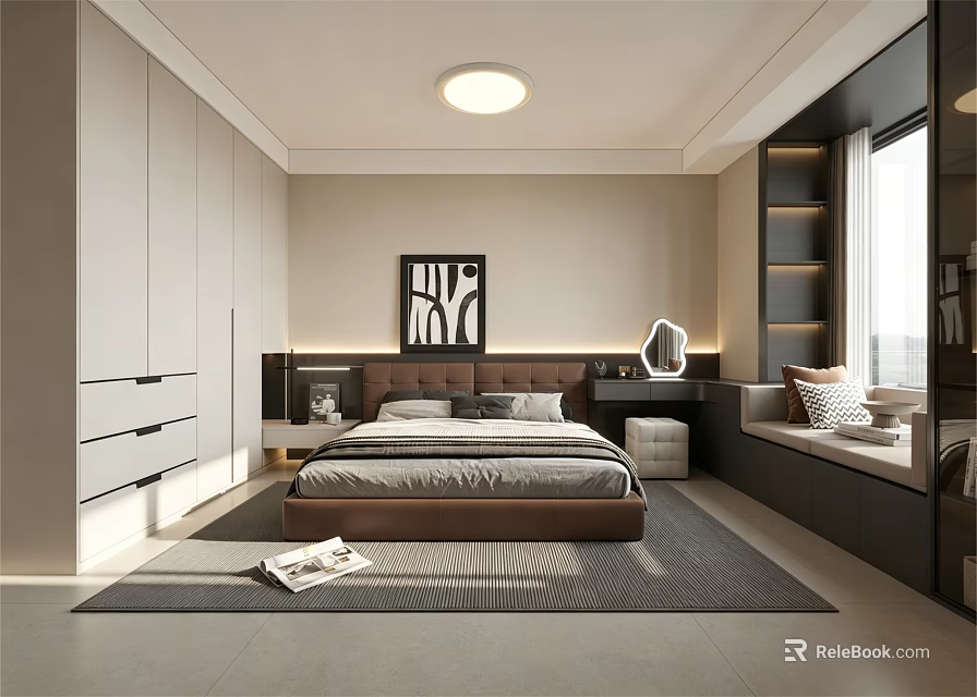 Modern Bedroom Interior Design Featuring Brown Bed White Wardrobe Decorative Painting And Window Bench 3d model 