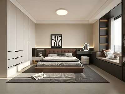 Modern Bedroom Interior Design Featuring Brown Bed White Wardrobe Decorative Painting And Window Bench 3d model