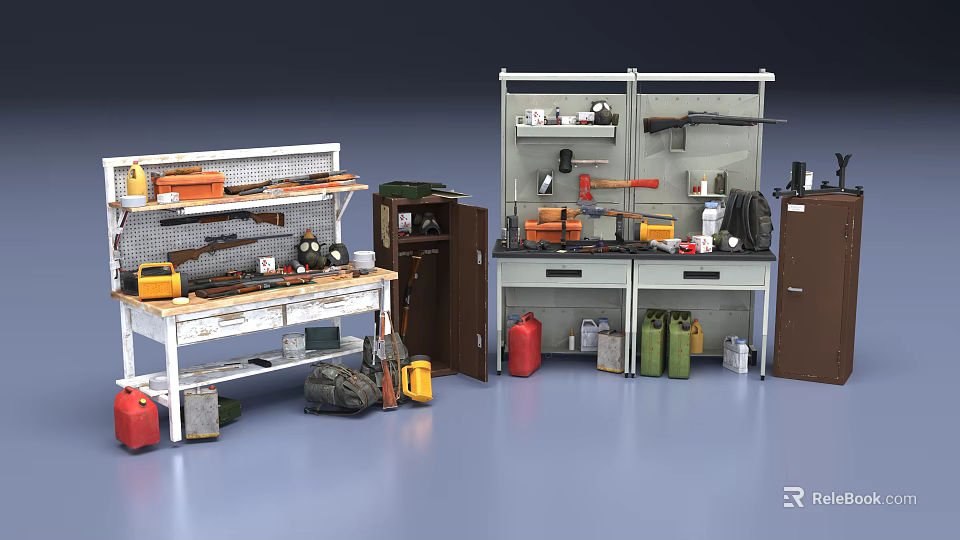 Various Weapons Display On Metal Shelves With Ammunition Cans Tools And Storage Cabinets 3d model 