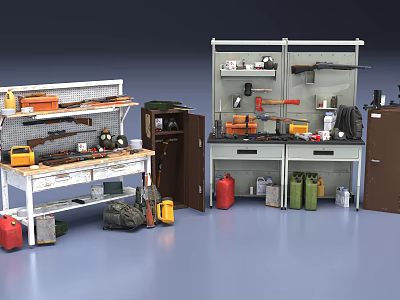 Various Weapons Display On Metal Shelves With Ammunition Cans Tools And Storage Cabinets 3d model