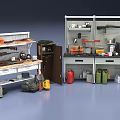 Various Weapons Display On Metal Shelves With Ammunition Cans Tools And Storage Cabinets