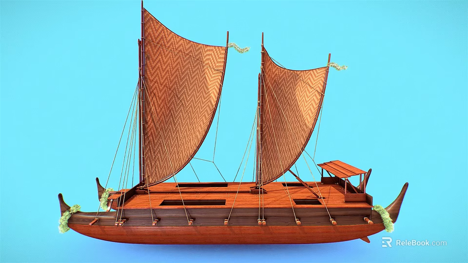 Vintage Wooden Boat Featuring Two Brown Sails And Intricate Wooden Hull Against Blue Background 3d model 