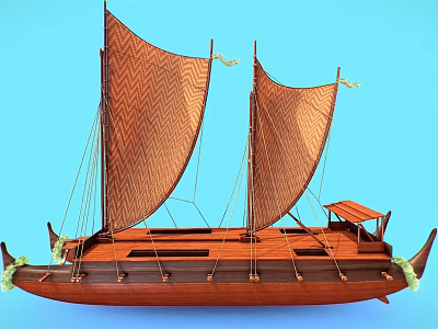 Vintage Wooden Boat Featuring Two Brown Sails And Intricate Wooden Hull Against Blue Background 3d model