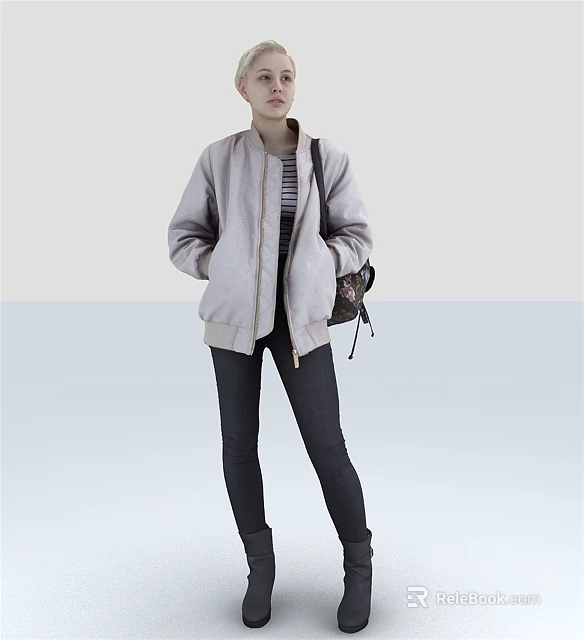 Woman In Light Gray Jacket With Striped Top Black Pants And Backpack Standing 3d model 