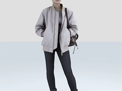 Woman In Light Gray Jacket With Striped Top Black Pants And Backpack Standing 3d model