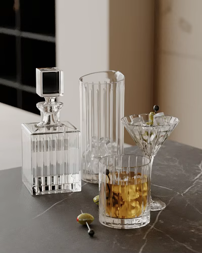 Elegant Modern Clear Ribbed Glass Decorative Ornaments Set With Cocktail Glass And Ice Elements 3d model