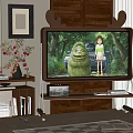 Stylish Television with Antler Design Top on Wooden Stand in Living Room with Side Bookshelf and Vase