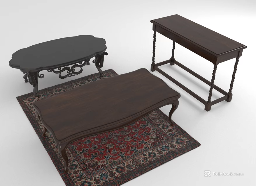 Vintage Oval And Rectangular Wooden Tables With Carved Metal Base On Patterned Rug 3d model 