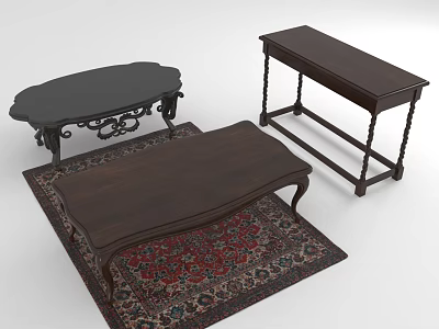 Vintage Oval And Rectangular Wooden Tables With Carved Metal Base On Patterned Rug 3d model